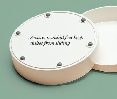 The GripWare Partitioned Scoop Dish features no-slip grippers.